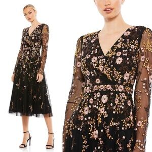 NEW $598 MAC DUGGAL 35103 BLACK FLORAL EMBROIDERED MIDI DRESS Size 8